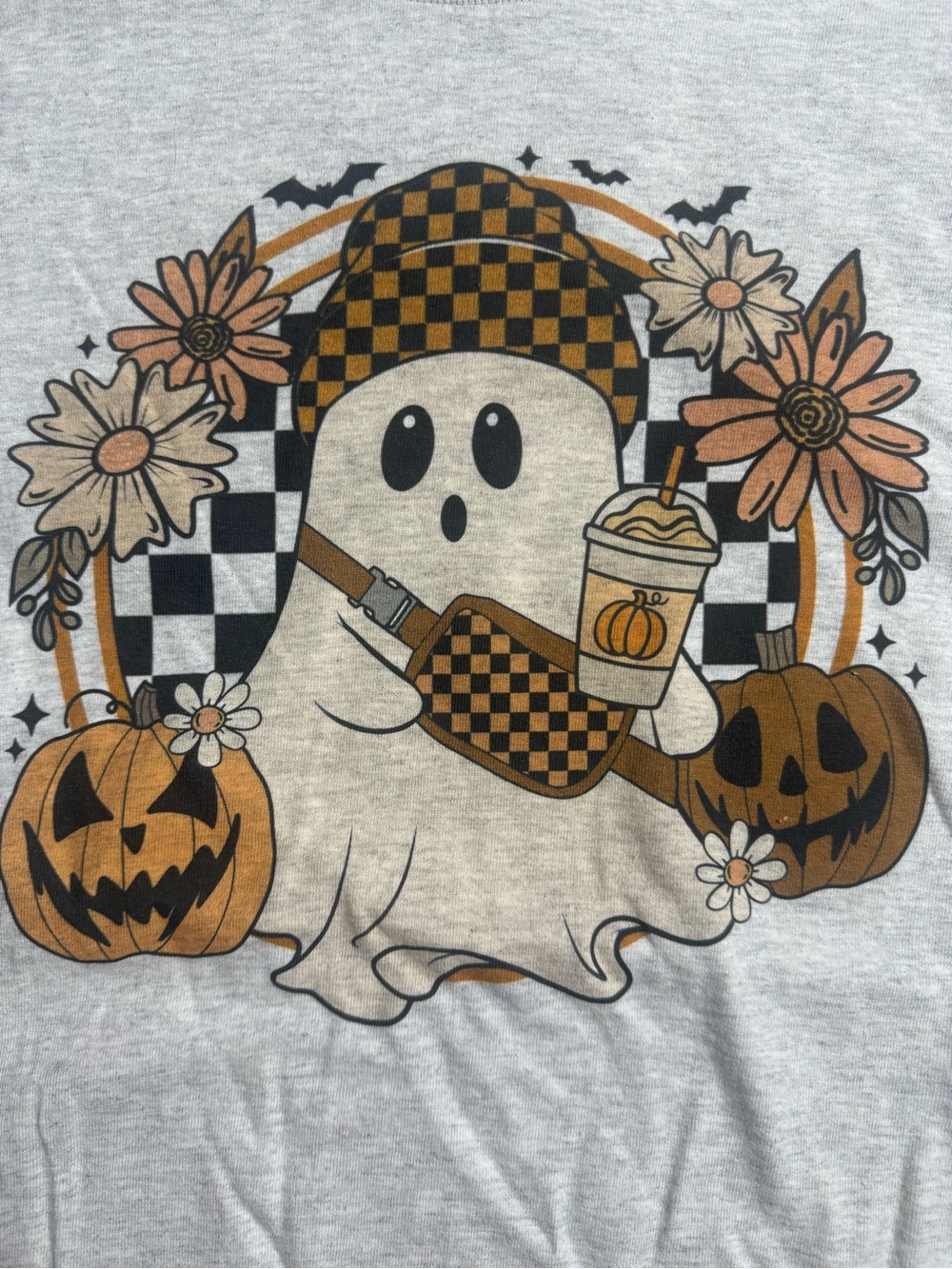 Gildan Light Gray Long Sleeve Cropped Ghost Graphic Tee with Orange Accents - Picture 5 of 7